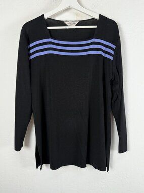 Exclusively Misook Petite Womens Black Striped Square Neck Knit Top Large Petite